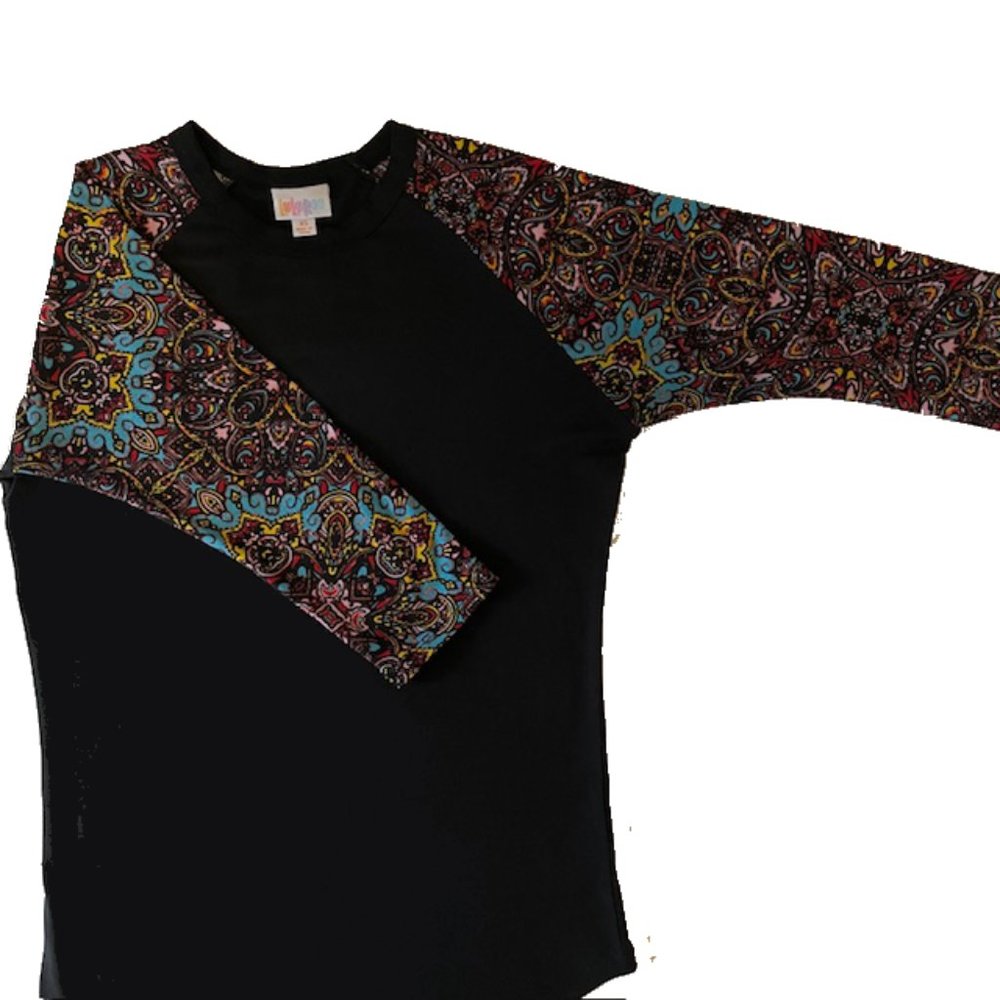 LuLaRoe Randy Raglan Sleeve T-Shirt Size XS Black Body with Multi-Colored Sleeve